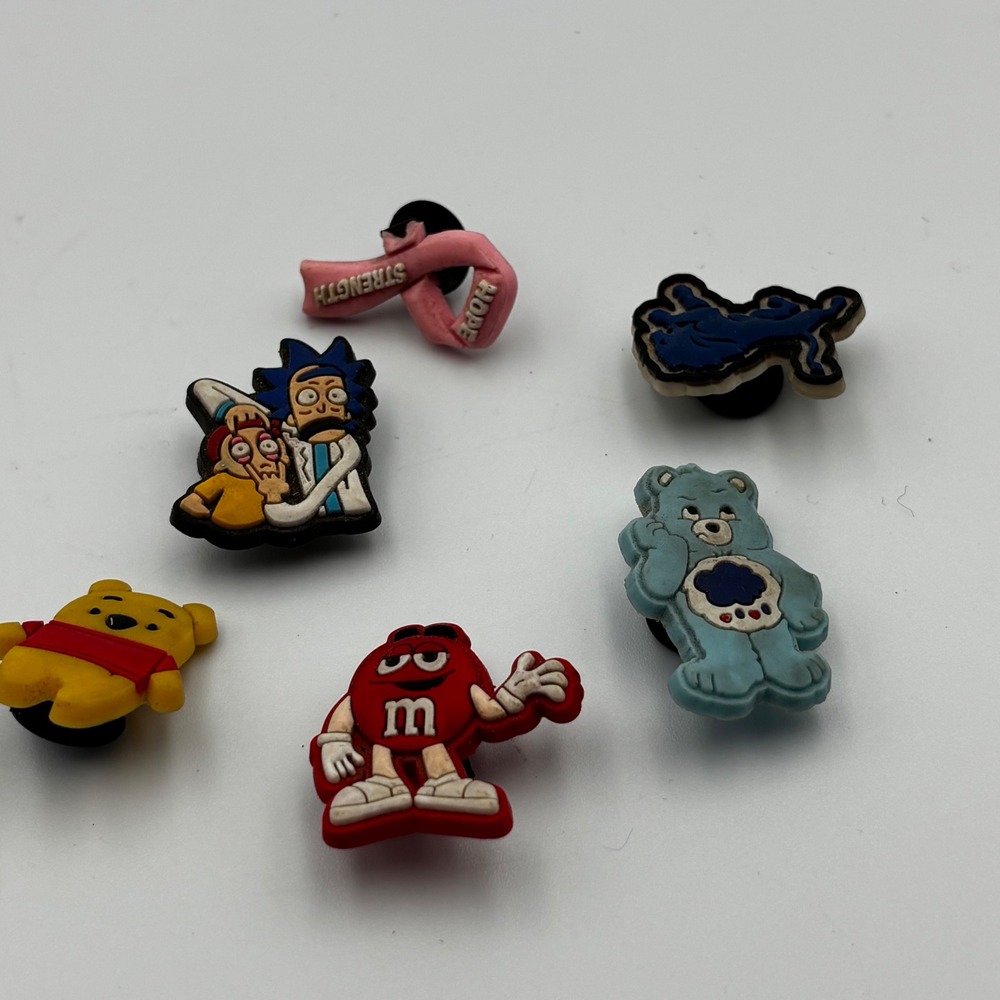Lotof6 PVC Shoe Charms Rick and Morty Winnie Pooh M&M Care Bear Awareness Ribbon